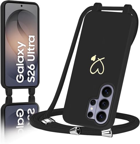 AoozeFon Handyband für Samsung Galaxy S26 Ultra Hülle mit Band,Handyhülle Silikon mit Goldenem Herzmuster für Samsung S26 Ultra,Abnehmbare Stoßdämpfend Handytasche mit Nylon-Lanyard, Schwarz