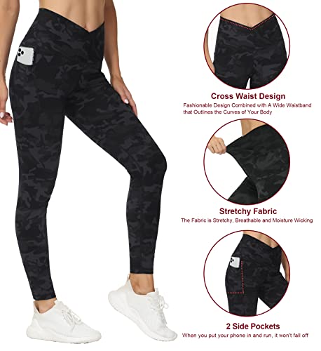 THE GYM PEOPLE Women's V Cross High Waist Yoga Leggings with Pockets, Tummy Control Yoga Pants for Ladies Gym Sports Running, BlackGrey Camo, L - Image 4