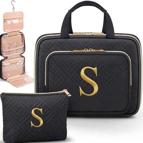 Gifts for Women, Initial Toiletry Makeup Bag Hanging Cosmetic Organizer with Embroidery Letter Personalized Nurse Teacher Appreciation Birthday Valentines Day Gifts for Mom Sister Wife Friends Auntie