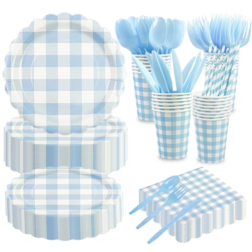 400PCS Light Blue Gingham Party Supplies, Scalloped Disposable Tableware Set Includes Paper Plates Napkins Cups Straws Forks Knives Spoons for Baby Shower Birthday Wedding Decorations, Serve 50