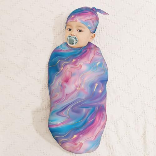 Image of Pink and Blue Marble Newborn Swaddle Blankets Hat Sets Soft Baby Receiving Blanket Swaddle Sack for Baby Shower Infant Boy Girl Gift