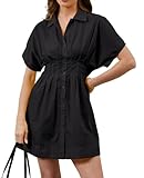 Women Button Front Pleated Mini Shirt Dress Summer Short Sleeve Striped Blouse Casual Corset Dresses Black