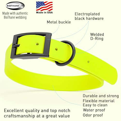 Image of Dogline Biothane Waterproof Dog Collar Strong Coated Nylon Webbing with Black Hardware Odor- Proof for Easy Care Easy to Clean High Performance Fits Small Medium or Large Dogs, Safety Yellow