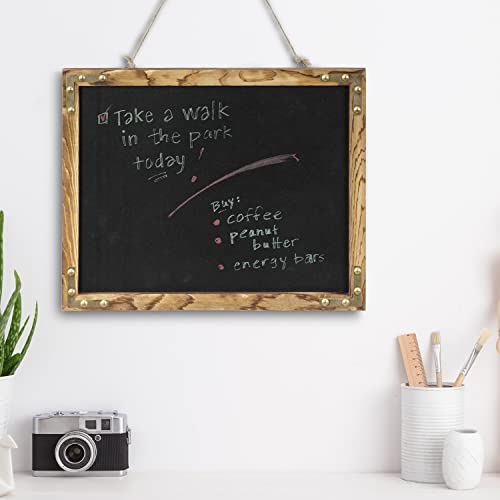 Mygift 12 X 15 Inch Wall Mounted Rustic Burnt Solid Wood Hanging Chalkboard Sign With Rope, Decorative Chalk Message Board With Vintage Metal Corner Bracket Accents #TOP1