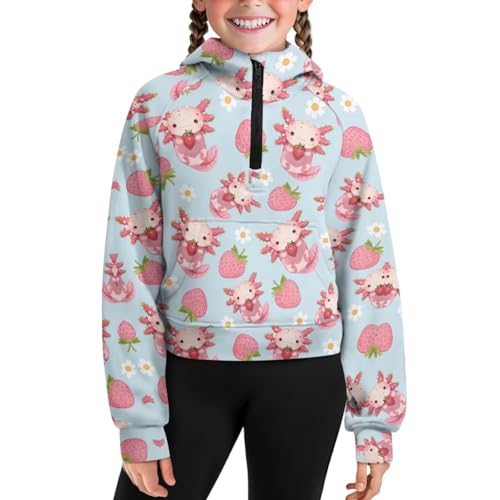 Girls Zipper Sweatshirt Fleece Quarter-Zip Hoodie Jacket for Kids Teens Graphic Sweater Cropped Tops with Pocket