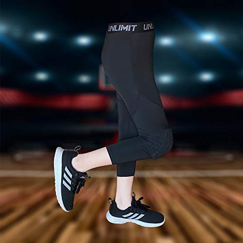 Unlimit for 4-16 yrs, Youth Basketball Pants with Knee Pads, 3/4 Capri Compression Pants for Boys3