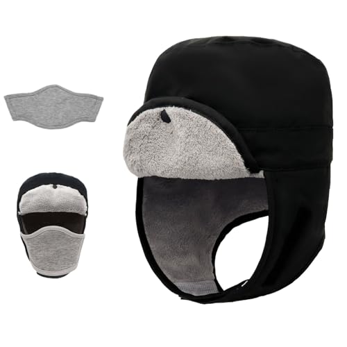 ZALXOZYL Fliegermütze für Herren Mit Wangenschutz Aus Samt Wollige Thermo-Trappermütze für Outdoor-Sport Schwarz S 54 cm Kinder