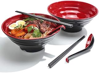 Lanbent Ramen Bowl Set, Capacity 1032 ml Japanese Soup Bowl with Spoon and Chopsticks, for Pasta Udon Pho Asian Noodles, Dishwasher Safe (2PCS, Red)