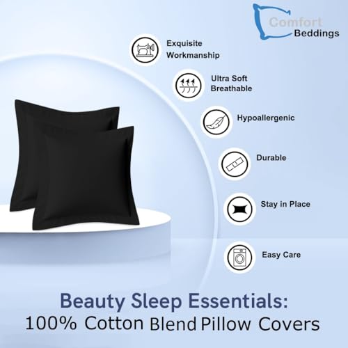 Image of Comfort Beddings Premium Quality Pillowcases 100% Cotton Blend Square Pillow Cases Pack of 2 - Black (Continental /Square Size 70 x 70 CM)