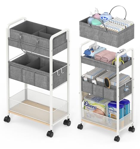 Image of 2In1 Baby Diaper Caddy & 3-Tier Rolling Diaper Cart, Diaper Caddy Organizer Cart with Dividers, Metal Detachable Bedside Cart for Baby Nursery Essentials, Large Capacity, Easy to Assemble, White