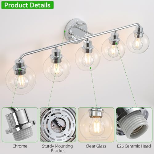 Image of Bathroom Light Fixtures Chrome Vanity Light Silver 5 Light Modern | Wall Sconces Lighting Bathroom Lights with Globe Glass Shades Bath Wall Lights for Mirror Kitchen Living Room Hallway 34.5 inch