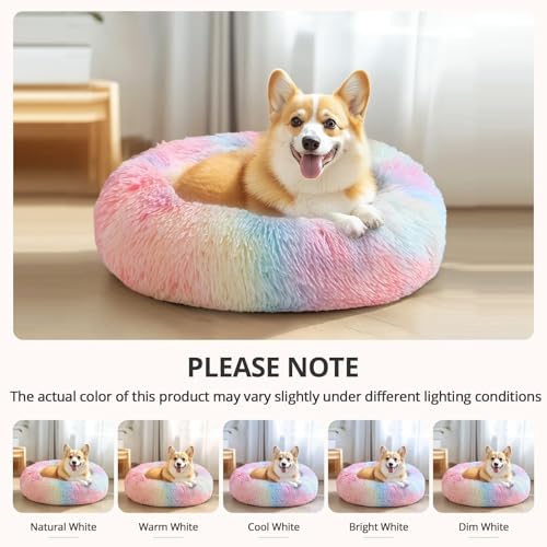 Image of JOLLYVOGUE Calming Dog Bed Medium Size Dog, 31in Donut Washable Medium Pet Bed, Anti-Slip & Anti-Anxiety Fluffy Faux Fur Round Dogs Bed, Fits up to 45 lbs Pets (Rainbow)
