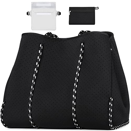 IBFUN Neoprene Bag Large Multipurpose Beach Bag Upgraded Neoprene Tote Bag with Inner Zipper Pocket for Women/Beach/Pool(Black)