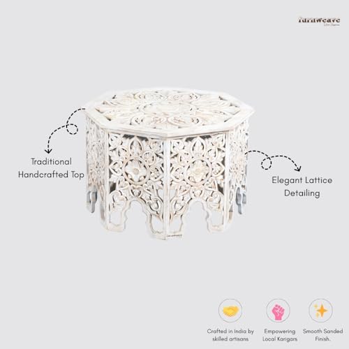 Image of Wooden Coffee Table for Living Room | Handcrafted Solid Wood Center Table for Living Room with Carved Floral Design | Coffee Table for Home, Wooden Furniture for Home (White Distress)