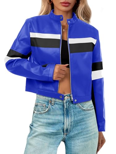 Tankaneo Womens Cropped Moto Biker Jackets Faux Leather Bomber Jacket Color Block Vintage Racing Coats