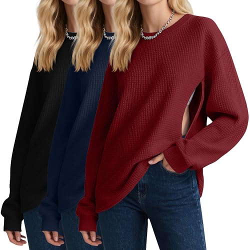 Image of Oakgarden 3 Pack Women's Oversized Nursing Tops, Waffle Knit Breastfeeding Zipper Sweatshirt Long Sleeve Maternity Shirts