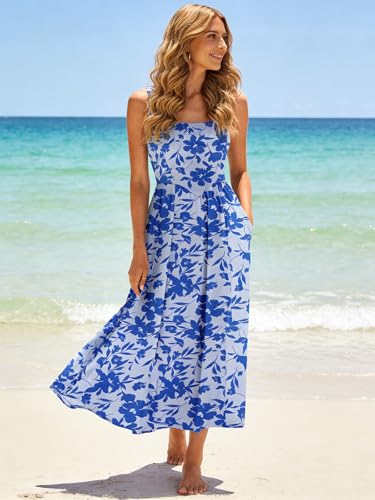 Image of Sureple Midi Dresses for Women 2026 Spring Square Neck Tank Sleeveless A Line Casual Summer Sundresses with Pockets