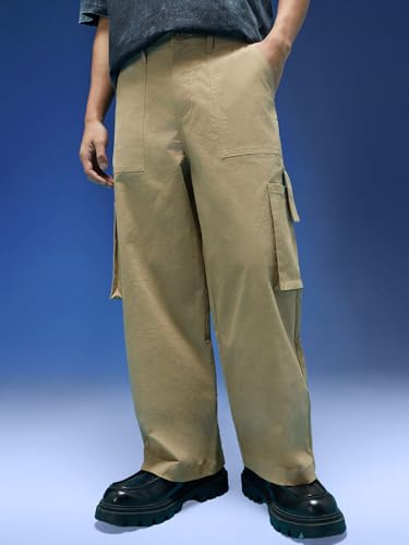 Image of Veirdo Baggy Fit with Button Closure Solid Lycra Woven Cargo Pants for Men (Colors: Beige, Black, Brown, Grey, Navy & Olive)