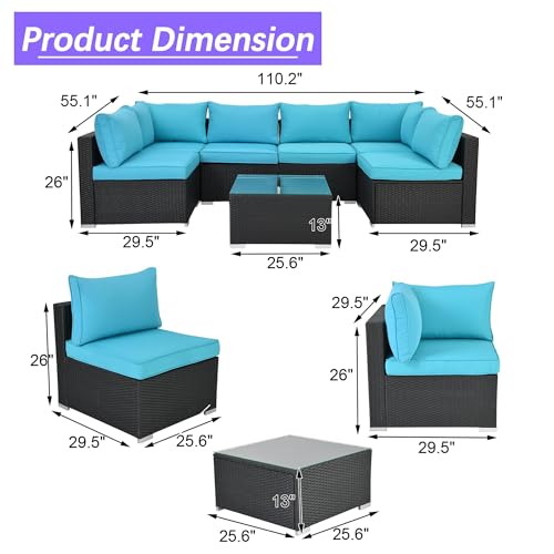 Image of 7 Piece Outdoor Sectional Outdoor Patio Furniture Set, Outdoor Patio Furniture Set with Coffee Table, Sectional Couch Sofa with Cushions, Wicker Outdoor Conversation Set for Backyard & Garden, Blue