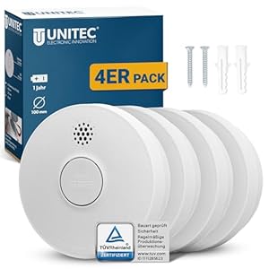 UNITEC Rauchwarnmelder TÜV geprüft, Rauchmelder, DIN EN 14604 Zertifiziert, Batterielebensdauer 1 Jahr, Alarm 85 dB, akustische und optische Anzeige, manuelle und automatische Prüffunktion, 4er Pack
