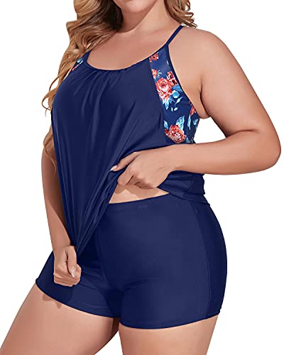 image for Holipick Navy Blue Women Plus Size Two Piece Tankini Set Swimsuits Tu