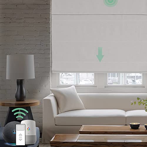 Yoolax Motorized Roman Shade Blackout Classic Fold Smart Blind Capable with Alexa & Google Home, Remote Control Electric Window Shade Customize (Linen Beige)