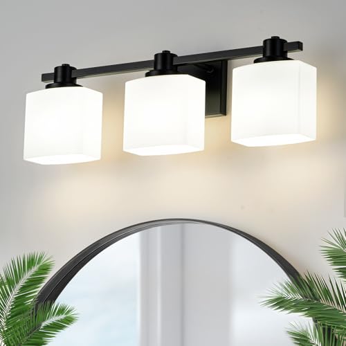Image of 23 Inch Black Bathroom Light Fixtures over Mirror 3 Light Matte Black Vanity Light Milk Glass Makeup Shower Lamp Small Farmhouse Wall Sconce Modern Desk Vintage Rustic Bath above Sink Lighting