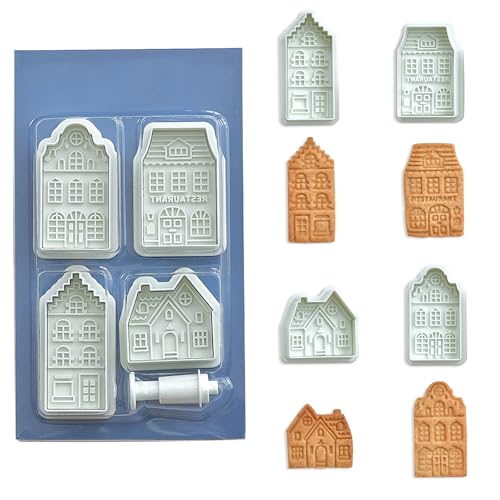 Elesinsoz Tiny Gingerbread House Cookie Cutters, Real Estate Cookie Cutters With Split Spring Pusher, House Biscuit Mold For Diy Chirstmas Day Holiday Party Decorations - Set Of 4