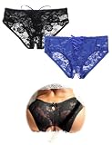 ohmydear Erotische Damen Höschen Große Größen Slip Ouvert für Frauen Crossover Strap String Tanga Offener Schritt Reizwäsche Crotchless Underwear 2 Pack Schwarz Blau