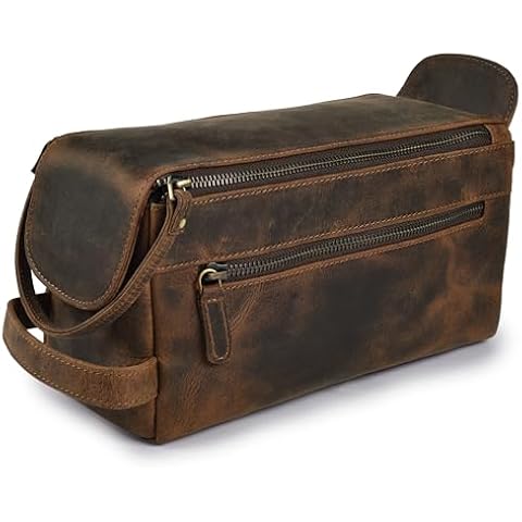 LEATHER VILLAGE Premium Leather Travel Toiletry Bag - Unisex Water-Resistant Travel Dopp Kit, Shaving & Cosmetic Organizer for Men & Women - Compact Bathroom Essentials - Rustic Brown Cover