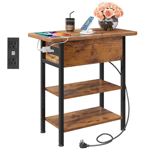 WLIVE End Table with Charging Station, Flip Top Narrow Side Table with Storage Shelf, Small Nightstand with USB Ports and Outlets,Bedside Table for Living Room, Bedroom,11.81" D x 23.62" W x 24.33" H