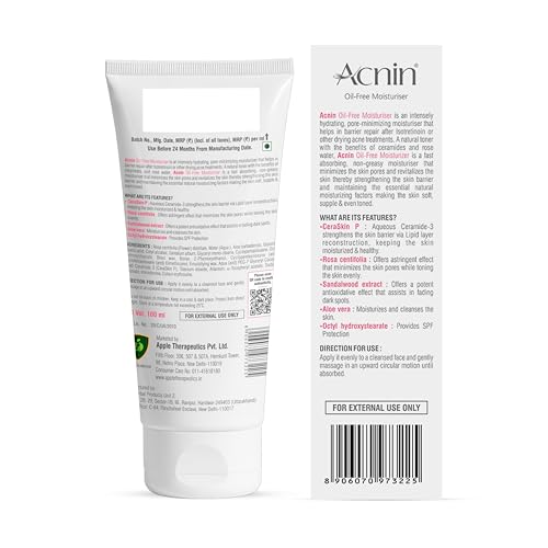 Image of Acnin Oil-Free Moisturizer SPF Protection 100ml | Clinically Proven Ceramide Formula | Strengthens Skin Barrier | Dermatologist Recommended for Acne-Prone, Oily, Sensitive Skin | Lightweight