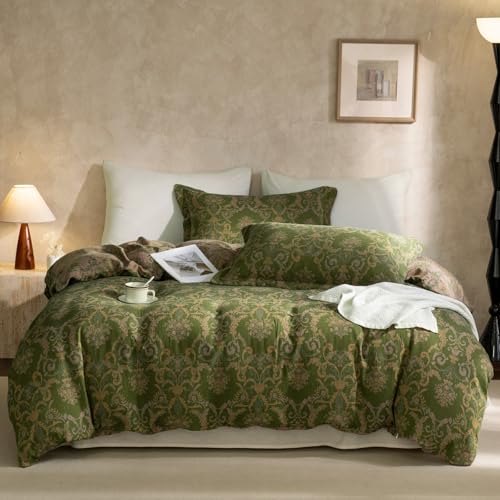 VM VOUGEMARKET Olive Green Duvet Cover Set King,Reversible Medallion Flower Print Bedding Set Linen Cotton Yarn-Dyed Textured Bohemian Duvet Cover with Zipper Closure