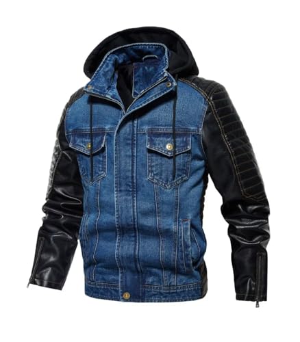 FTIMILD Mens Denim Jacket with Pu Leather Patchwork Biker Jacket with Detachable Hood Jean Jacket with Multiple Pockets2