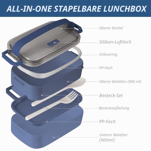 Foto von Beeptrum Brotdose, Lunchbox Erwachsene,stapelbare 1600ml Bento Lunchbox mit Utensilienset, 2 Fächer verstellbar, auslaufsicher, BPA-frei, mikrowellengeeignet, blau