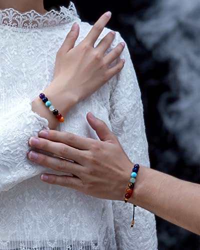 7 Chakra Stones Bracelets, 2Pcs Handmade Natural Carnelian Crystal Adjustable Bracelet With Wish Card - Braided Beaded Rainbow Lgbtq Bracelet Healing Anxiety Jewelry Set Yoga Reiki Gift #TOP2