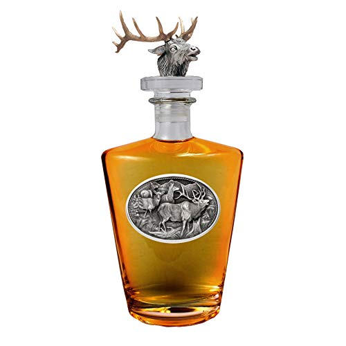 Heritage Pewter Four Elk Royal Decanter with Brass Stopper | 30 OZ Liquor Pourer | Expertly Crafted Pewter Glass