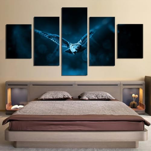Tableau chouette pour salon moderne decoration murale 5 parties avec cadre