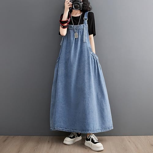 Image of Women's Casual Loose Denim Dress Sleeveless Adjustable Straps Denim Jumper Dress with Pockets
