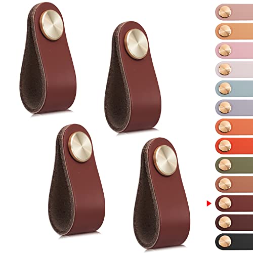 LEREATI 4pcs Leather Drawer Handles Drawer Knobs Kitchen Cupboard Handles Leather Drawer Pulls