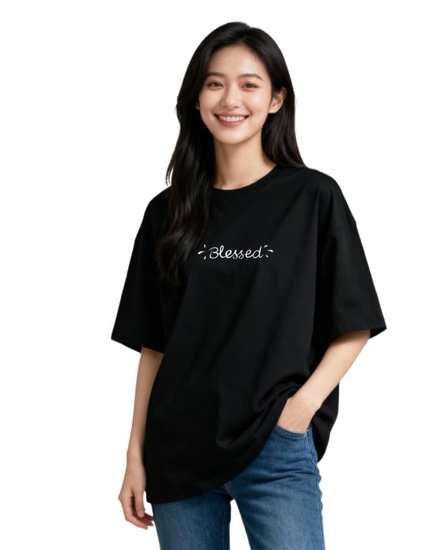 urgear Womens Casual Blessed Printed Oversized Round Neck Cotton Blended T Shirt-picture-16