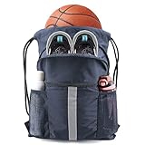 BeeGreen Navy Blue Cinch Backpack Bag Sack w Drawstring & Shoe Compartment Sturdy String Workout Sackpack w Zipper Pockets & Mesh Water Bottle Holder for Swim Gymnastic