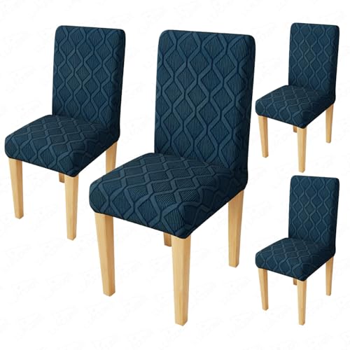Image of Lukzer Elastic Dining Chair Cover - 4PC Pastel Marine Blue Diamond | Textured High Stretch Jacquard Seat Cover | Removable Washable Short Dining Chair Cover Protector Seat Slipcover | (CC-159-04)