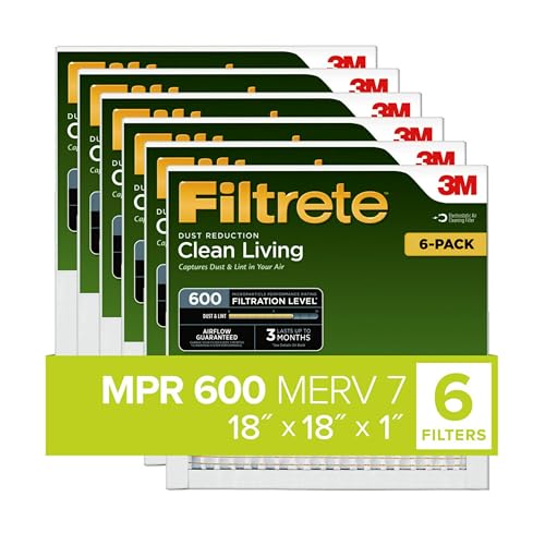 Filtrete 18x18x1 Luftfilter MPR 600 MERV 7, Clean Living Staubreduzierung, 6er Pack (genaue Maße 17, 81 x 17, 81 x 0, 81)