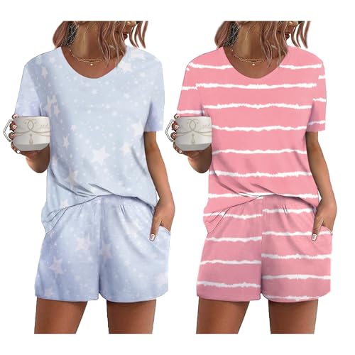 Ekouaer 2 Paquetes Pijamas para Mujer Manga Corta Verano Bonito Estampado Cuello Redondo Estrella/Rayas XL