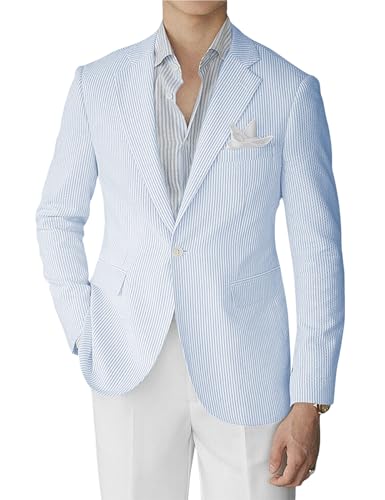 Men's Casual Slim Fit Seersucker Blazer Striped Seersucker Suit Jacket Lightweight 2 Button Blazer Sport Coat