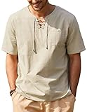 COOFANDY Mens Shirt Fashion Linen Tee Beach Lace Up Henley Yoga Summer Tops, Khaki, Medium, Short Sleeve