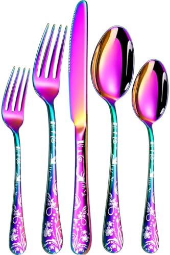 Image of Floral Rainbow 10 Pcs Stainless Steel Cutlery Set for Dining Table, Dishwasher Safe Glossy Flatware (2 Spoon Set+2 Forks Set+2 Butter Knife+2 Dessert Spoon+ 2 FruitFork)