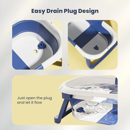 Image of TINSY Foldable Baby Bath Tub with Built-in Water Thermometer & Soft Head Support Pillow | Portable Newborn Bathtub | Anti-Slip Legs | Space-Saving Infant Bath Tub for Babies & Toddlers | Midnight Blue