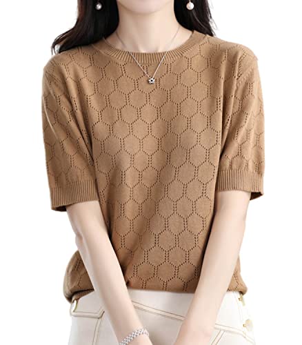 Image of Summer Hollow Out T-Shirt Women's Short Sleeve Sweater Cotton Knitted O-Neck Lightweight Pointelle Breathable Tops